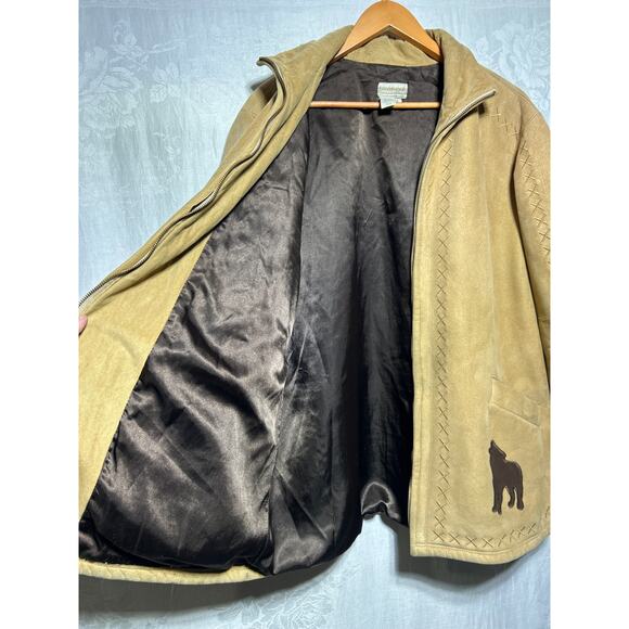 Vintage Faux Suede Jacket Large Tan Embroidered Howling Wolves Coldwater Creek - Picture 10 of 11